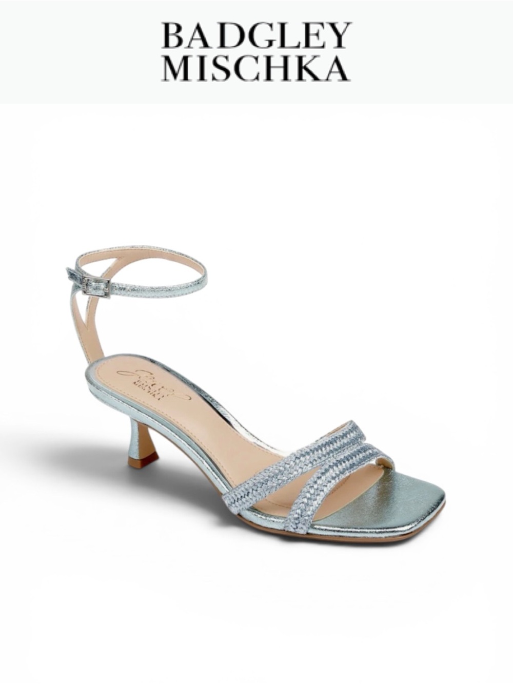 JEWEL BADGLEY MISCHKA HAYZEL METALLIC KITTEN HEEL SANDALS SILVER SIZE 9 NWT